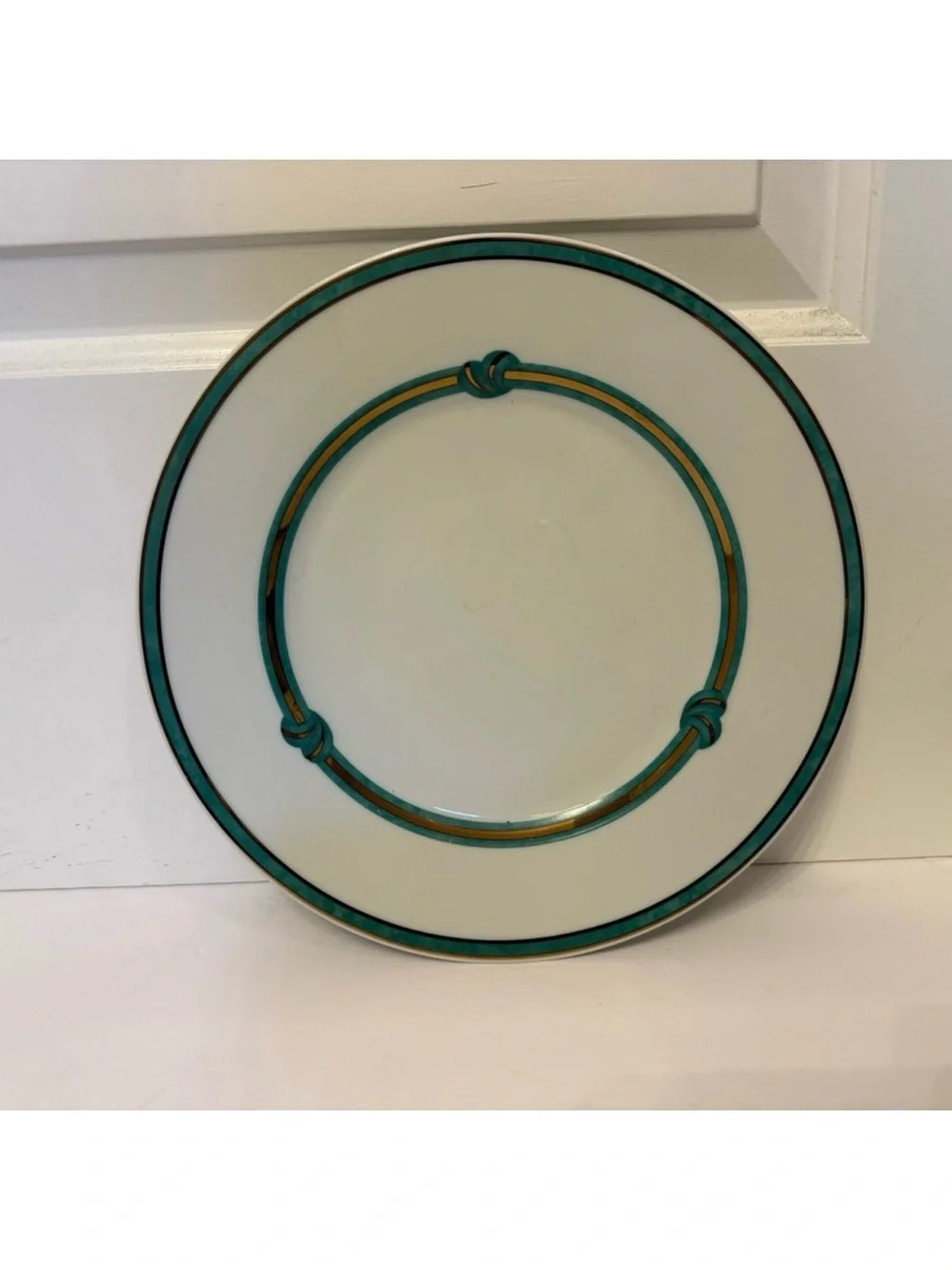 CHRISTOFLE RUBANEA VERT DINNER PLATE PORCELAIN WHITE GREEN GOLD FRANCE 10.5”